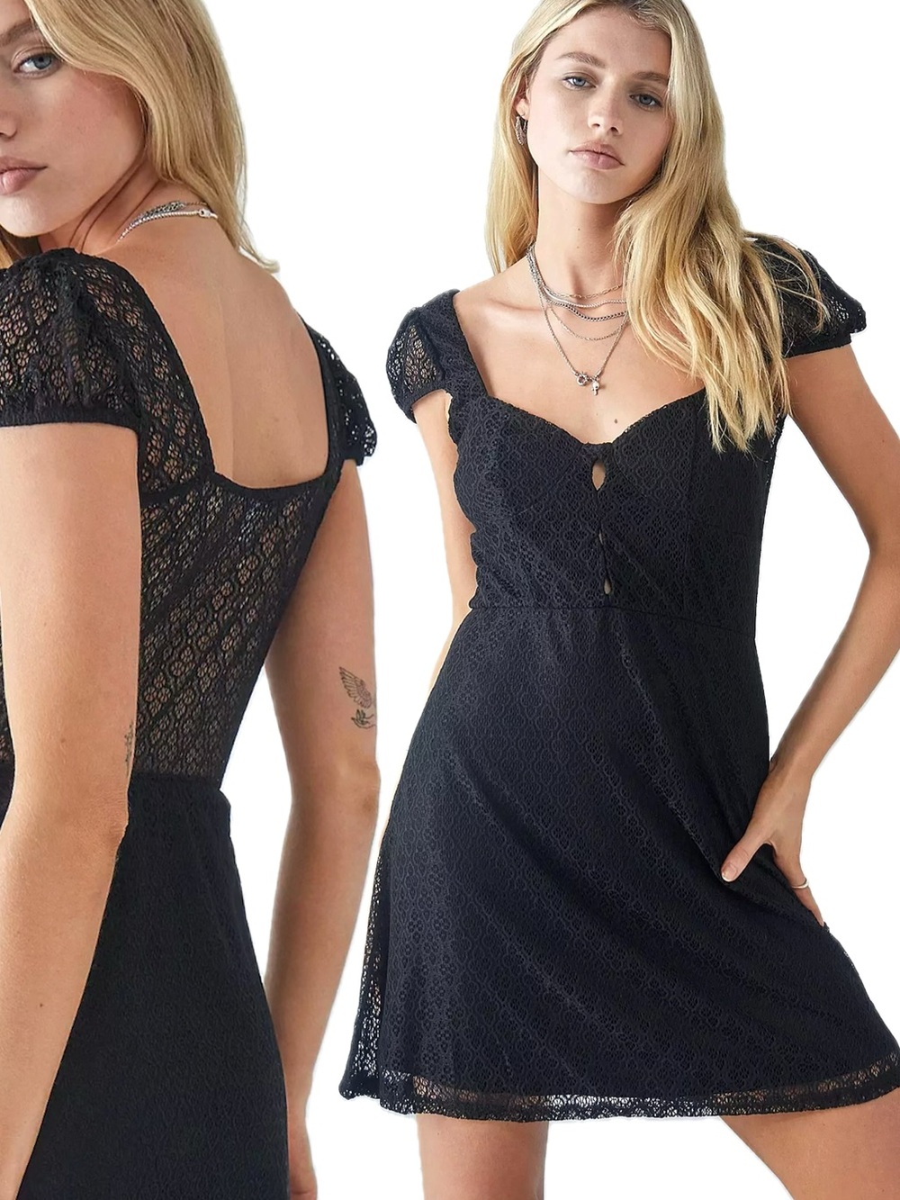 Urban Outfitters Black Stretch Lace Mini Dress Size Small Puff Sleeve Sweetheart